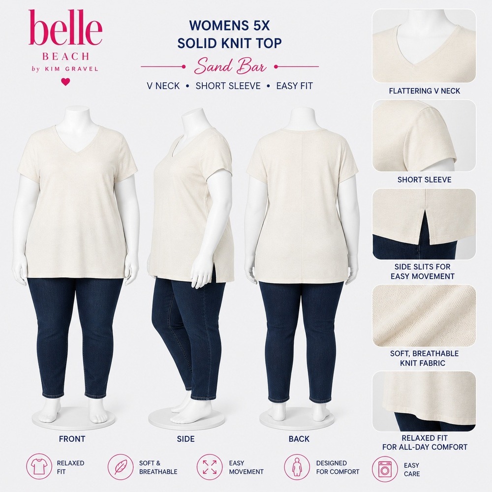 Belle Beach by Kim Gravel Womens 5X Solid Knit Top Sand Bar V Neck Beige A602621